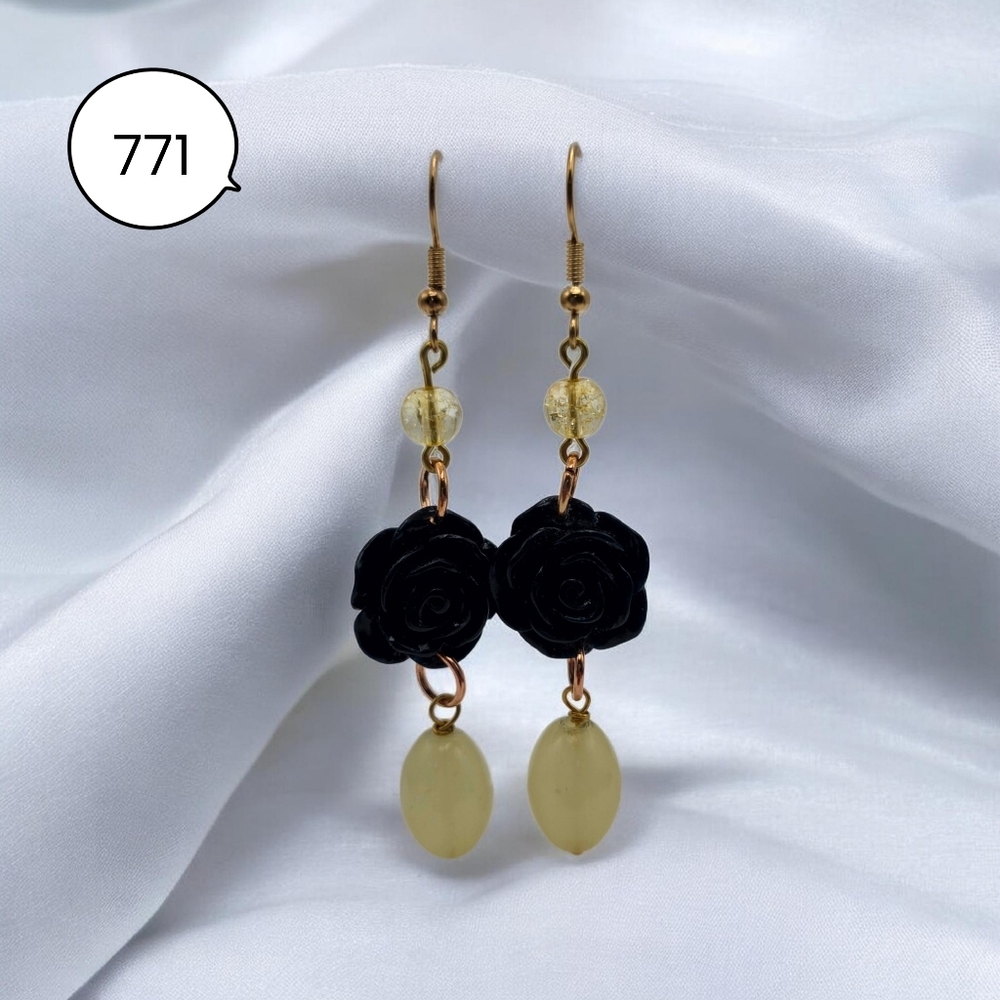 Dark Deep Blue Rose Dangle Earrings with Yellow Beads – Floral Drop Earrings